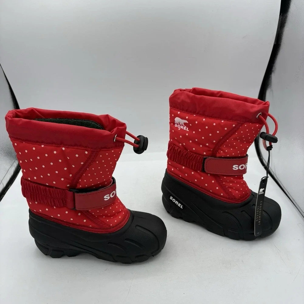 Sorel Kids Boots Size 10‎ Flurry Snow White Polka Dots Red Pull On Winter